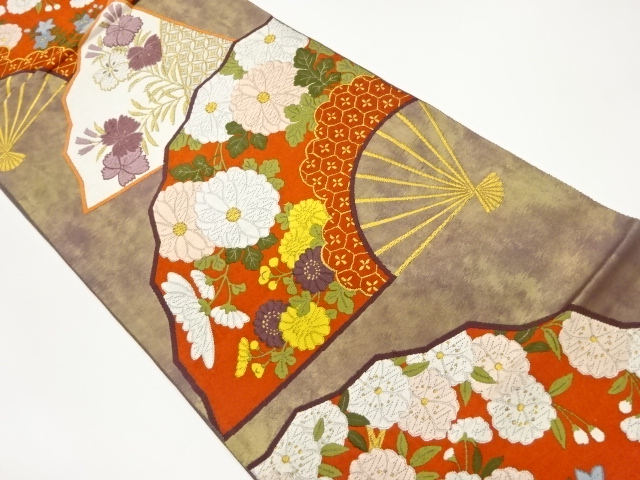 扇に亀甲・草花模様織出し袋帯